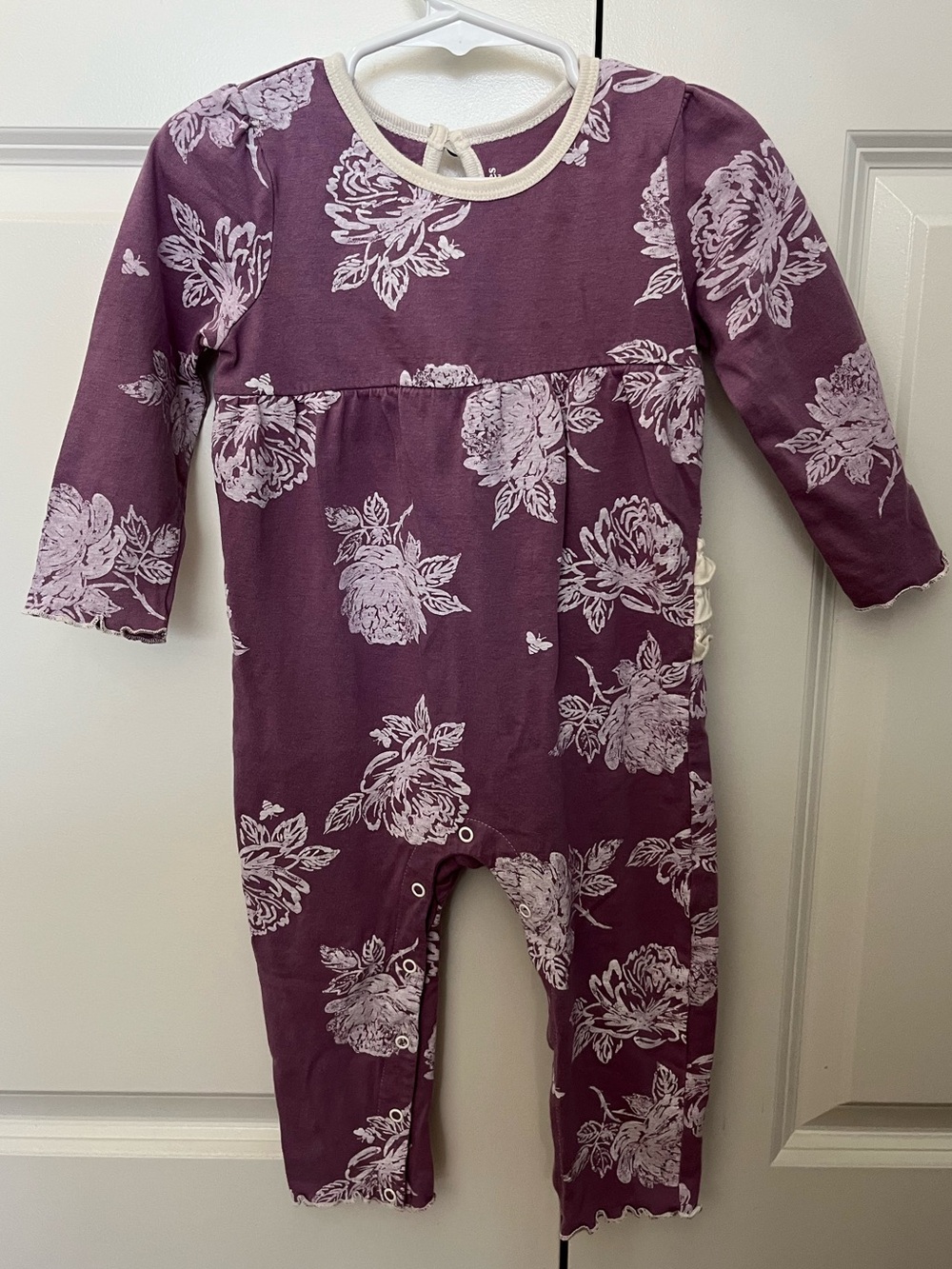 Burt’s Bees, Plum Floral Long-Sleeve Baby Romper, Size 18 Months